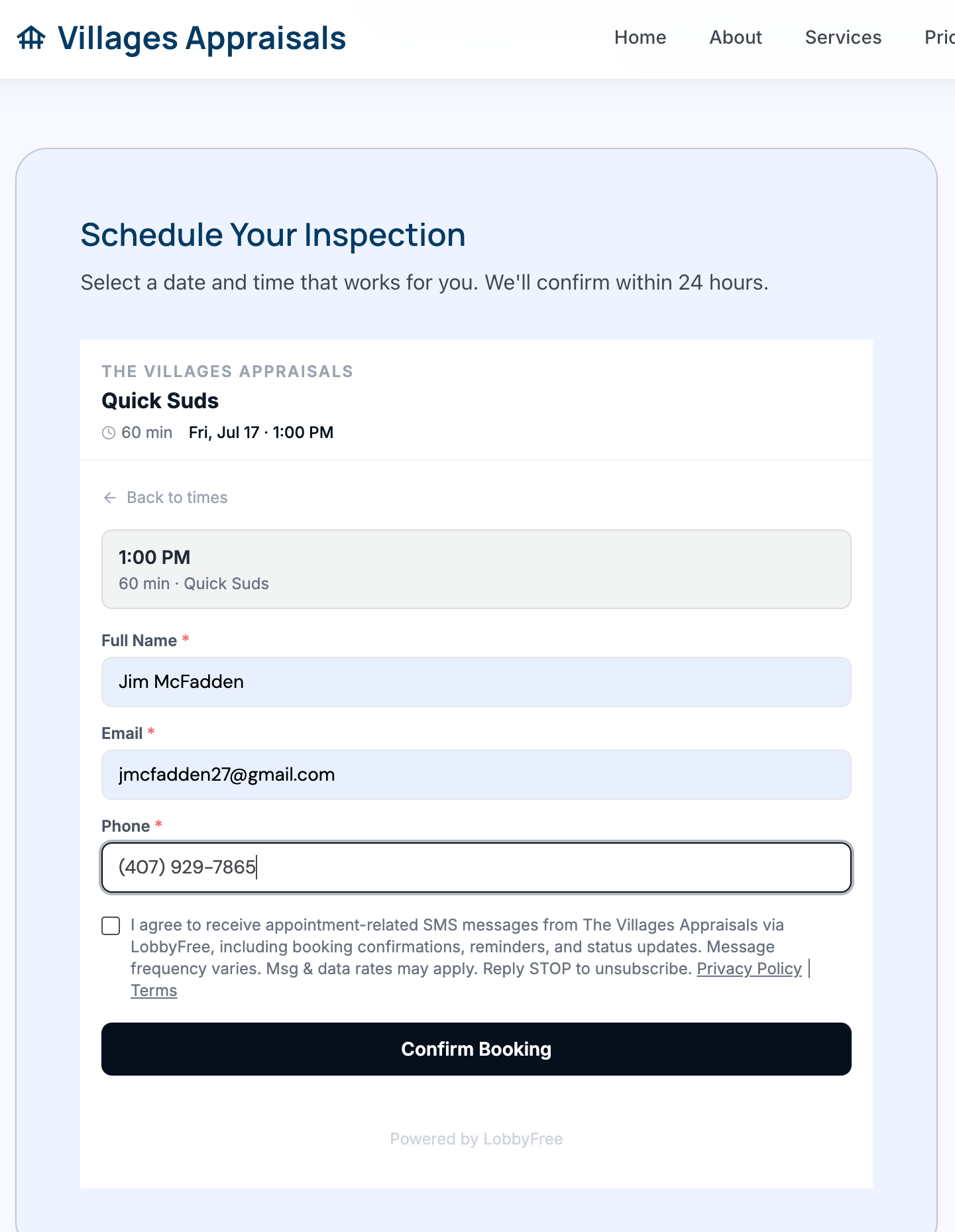 Booking page SMS opt-in checkbox — unchecked by default, showing consent language with business name via LobbyFree