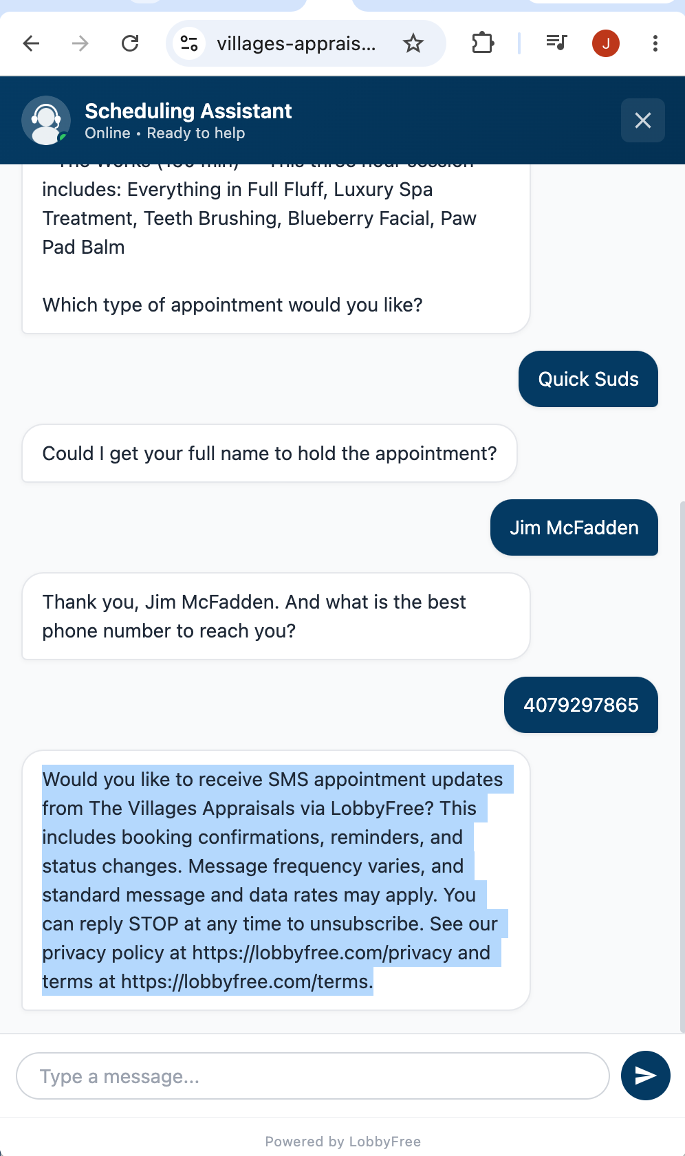 AI web chat SMS consent prompt — asking if user would like to receive appointment updates from business name via LobbyFree