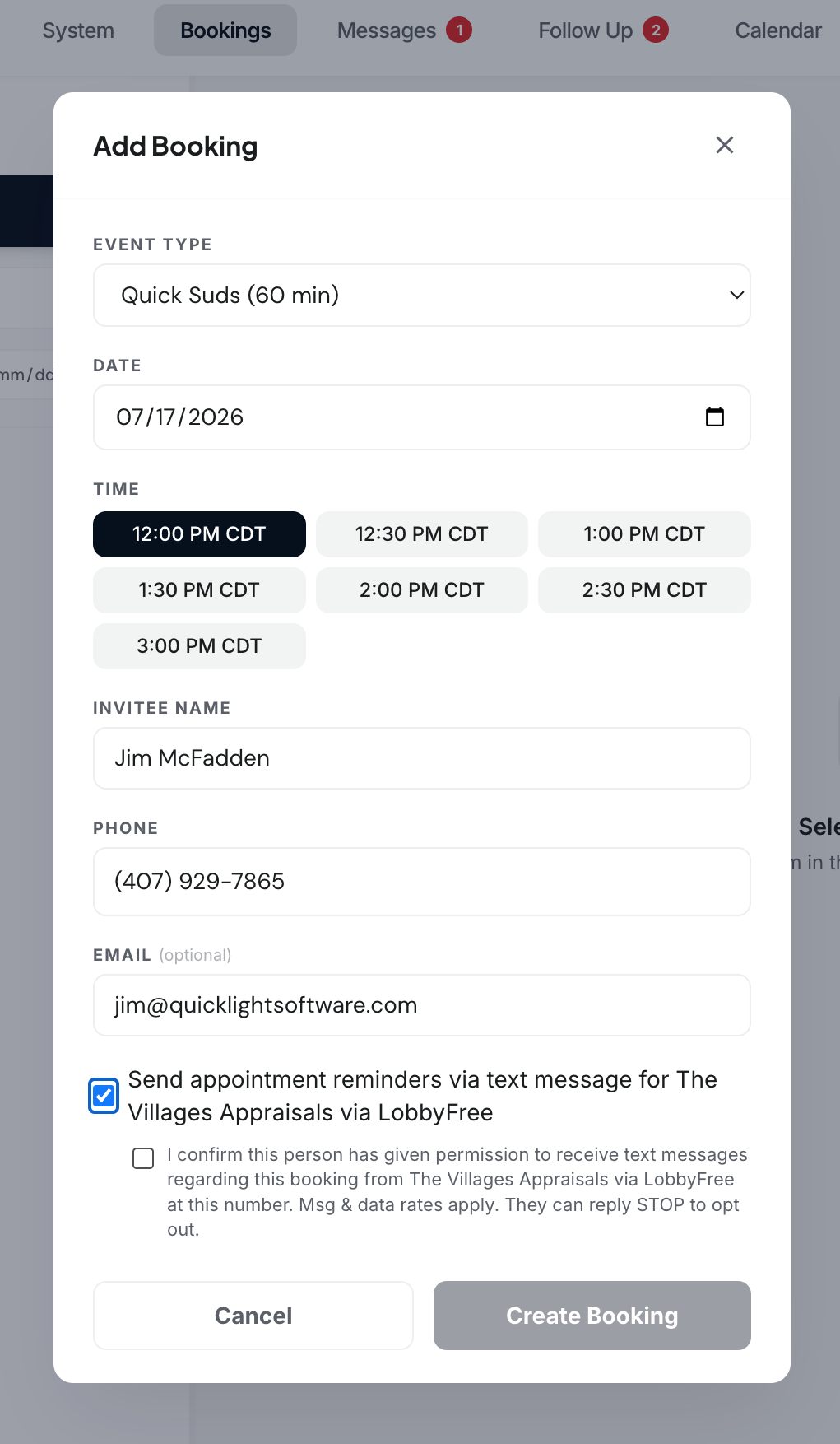 Manual booking SMS consent — unchecked by default, with attestation checkbox confirming permission to send text messages from business name via LobbyFree